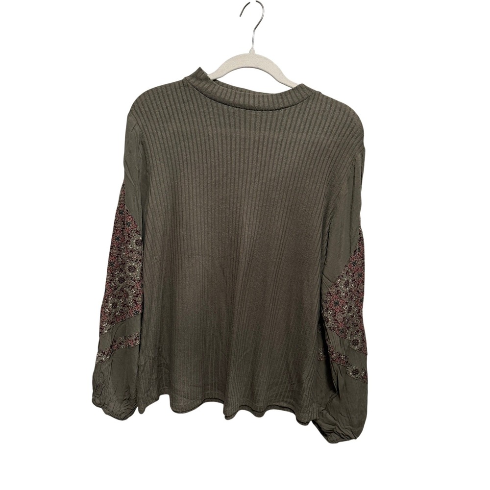 Maurices Top Womens L Olive Green Ribbed Mock Neck Floral Balloon Sleeve Boho